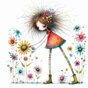 Quirky Picking Flowers Clip Art 10 JPG ad alta risoluzione per acquerelli Junk Journaling, Scrapbooking, Creazione di biglietti, Download digitale, Fantasy, Stravagante