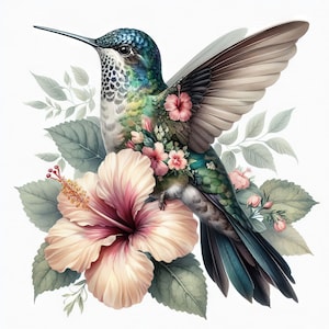 May include: A vibrant green and blue hummingbird with a long beak perched on a pink hibiscus flower. The hummingbird is surrounded by green leaves and pink flowers.
