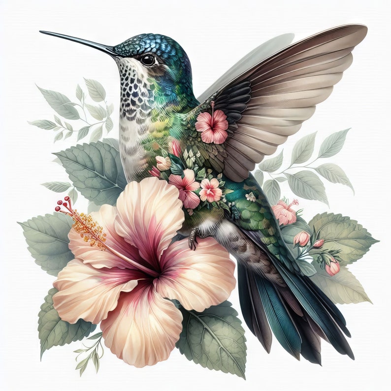 May include: A vibrant green and blue hummingbird with a long beak perched on a pink hibiscus flower. The hummingbird is surrounded by green leaves and pink flowers.
