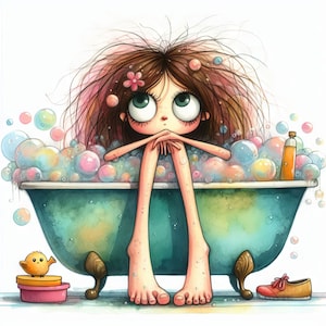 May include: A cartoon illustration of a girl with brown hair and big eyes sitting in a bathtub full of bubbles. She is wearing a pink flower in her hair and has a bottle of soap beside her.