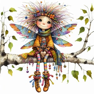 Eigenzinnige boho-fee illustraties 10 high-res aquarel jpg's ongewenste journaling, scrapbooking, kaarten maken, digitale downloadkit, fantasie, grillig