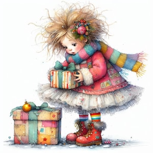 Christmas Surprise Clip Art 10 high-res aquarel JPGs Junk Journaling, scrapbooking, kaarten maken, digitale download, grillig, fantasie