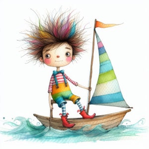 Op de afbeelding: Een aquarel-illustratie van een fantasierijk personage met kleurrijk haar, dat een gestreept shirt en een regenboogbroek draagt, zeilend op een klein houten bootje met een gestreept zeil.