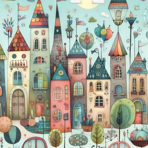 Pacchetto di clipart di città stravaganti 10 JPG ad alta risoluzione ad acquerello per diario spazzatura, album, artigianato, download digitale, fantasy, eccentrico