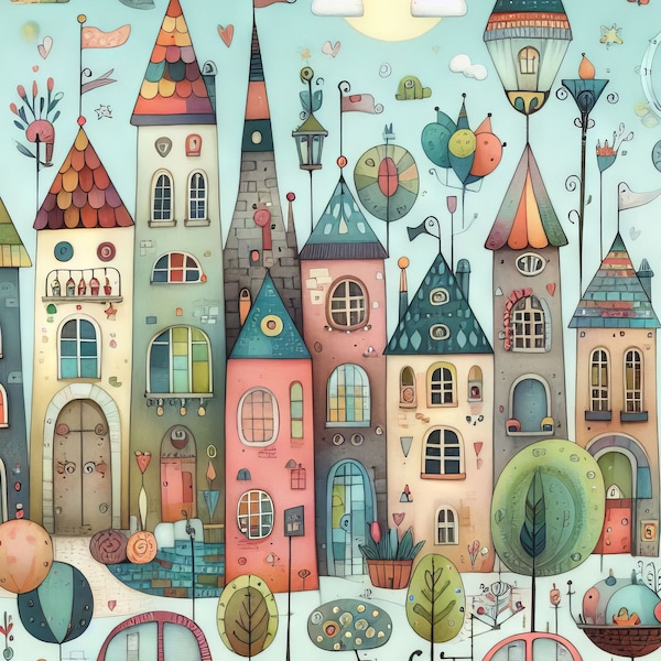 Whimsical City Clipart Bundle 10 High Res Watercolor JPGs for Junk Journaling, Scrapbook, Crafts, Digital Art, Fantasy, Quirky