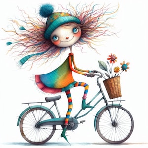 May include: A whimsical illustration of a girl with long, flowing hair wearing a blue and white hat and a colorful dress, riding a bicycle with a basket of flowers.