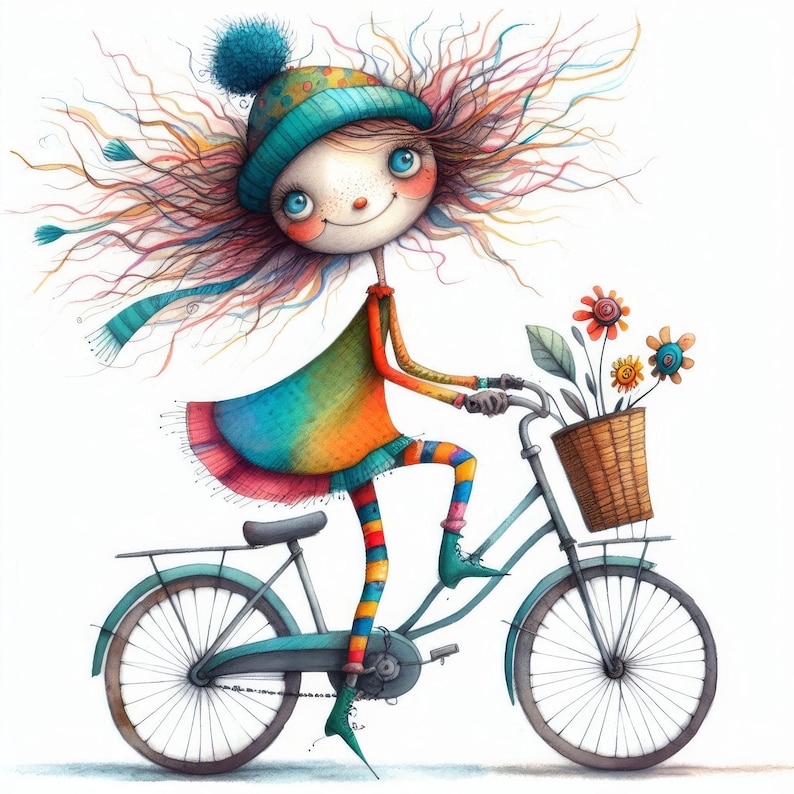 May include: A whimsical illustration of a girl with long, flowing hair wearing a blue and white hat and a colorful dress, riding a bicycle with a basket of flowers.