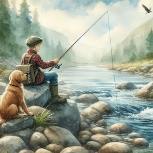 Puede incluir: Una persona joven con una gorra y una camisa a cuadros se sienta en una roca junto a un r&iacute;o, sosteniendo una ca&ntilde;a de pescar. Un perro golden retriever se sienta a su lado. La escena est&aacute; pintada en estilo acuarela con un aspecto vintage y descolorido.