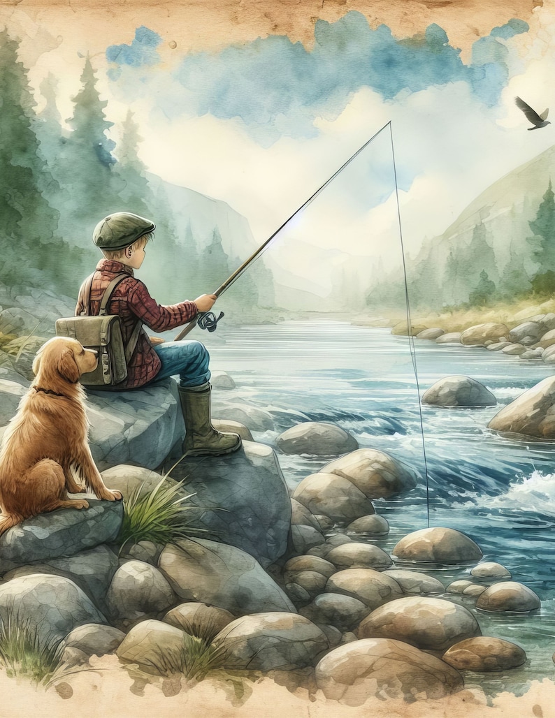Puede incluir: Una persona joven con una gorra y una camisa a cuadros se sienta en una roca junto a un r&iacute;o, sosteniendo una ca&ntilde;a de pescar. Un perro golden retriever se sienta a su lado. La escena est&aacute; pintada en estilo acuarela con un aspecto vintage y descolorido.