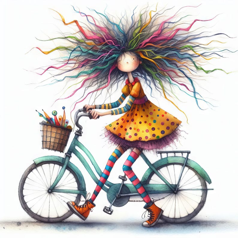 May include: A whimsical illustration of a girl with colorful hair riding a teal bicycle with a basket full of pencils. She is wearing a yellow polka dot dress and striped stockings.