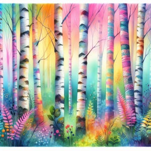 Forêt de bouleaux lunatique 10 haute résolution JPG aquarelles, journal indésirable, art primitif, fabrication de cartes, téléchargement numérique, fantastique, clipart