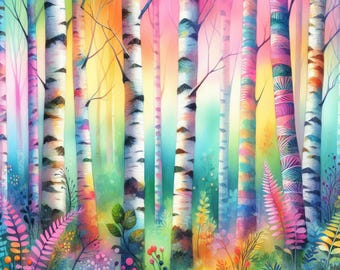 Foresta di betulle stravagante 10 JPG ad acquerello ad alta risoluzione, Junk Journaling, Arte primitiva, Creazione di biglietti, Arte digitale, Fantasy, Clip art