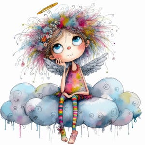 Quirky Cloud Angel Clip Art 10 JPG ad alta risoluzione per acquerelli Journaling, Kit per la creazione di biglietti da scaricare digitale Fantasy, stravagante, Natale