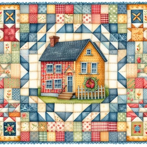 Ensemble de 10 courtepointes maison clipart aquarelle JPG haute résolution pour journalisation indésirable, scrapbooking, travaux manuels, téléchargement numérique, fabrication de cartes, fantaisiste