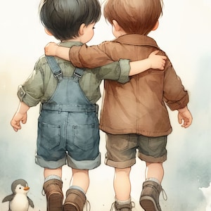 Beste Freunde kleine Jungen Clip Art Kit 10 hochauflösende JPGs in Aquarellfarben, Junk Journaling, Scrapbooking, Papierhandwerk, digitaler Download, wunderlich