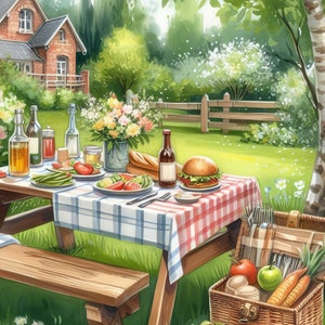 Backyard Picnic Clip Art Downloadable Kit 10 High Res Watercolor Jpgs