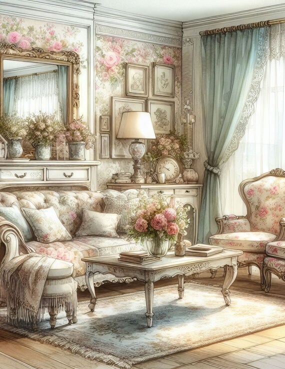 Shabby Chic Living Room: Clip Art, 10 High Res Watercolor Jpgs