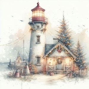 Christmas Lighthouse Clip Art 10 High Res Aquarel JPGs Junk Journaling, Scrapbooking, Kaarten maken, Digitale Download, Grillig, Fantasie