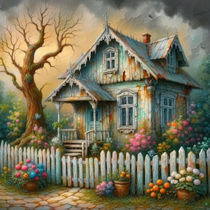 Può includere: Un cottage in legno invecchiato, blu e verde, con una staccionata bianca e un giardino lussureggiante. Il cottage ha un portico con un parapetto in legno e una porta bianca. Il giardino è pieno di fiori e piante colorate.