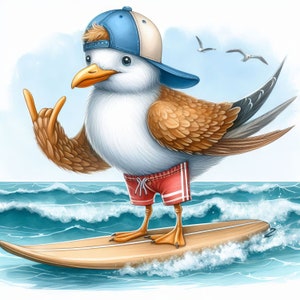 Clip Art di gabbiano eccentrico che fa surf 10 JPG ad alta risoluzione in acquerello Giornalismo spazzatura, scrapbooking, creazione di biglietti, download digitale, fantasy, stravagante