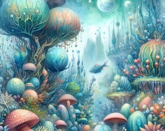 Ocean Fantasy: Clip Art, 10 High Res Watercolor JPGs, Junk Journaling, Scrapbook, Crafts, Digital Art