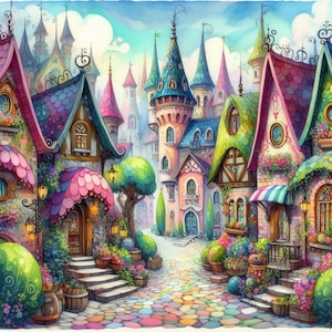 Fantasy Dorf Clip Art 10 hochauflösende JPGs in Aquarellfarben Junk Journaling, Scrapbooking, Kartenherstellung, Digital Download Kit, wunderlich
