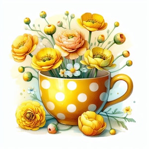 Buttercups in Polka Dots Clip Art 10 High Res Watercolor JPGs for Junk Journaling, Scrapbooking, Card Making, Digital Download Kit