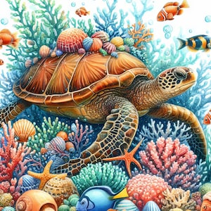 Puede incluir: Una gran tortuga marina nada a través de un vibrante arrecife de coral. La tortuga es marrón con una cabeza verde y está rodeada de peces coloridos, corales y conchas marinas.