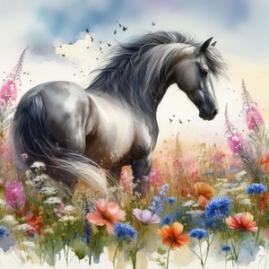 Pferd in Wildblumen Clip Art 10 hochauflösende JPGs in Aquarell Farben für Junk Journaling, Scrapbooking, Kartenherstellung, Digital Download Kit