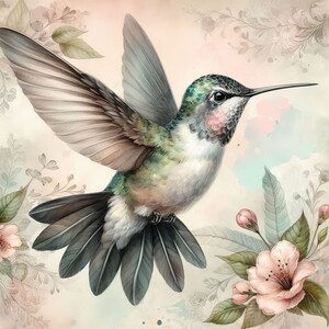 May include: A watercolor painting of a hummingbird with green and pink feathers, perched on a branch with delicate pink flowers. The background is a soft pink and green watercolor wash.