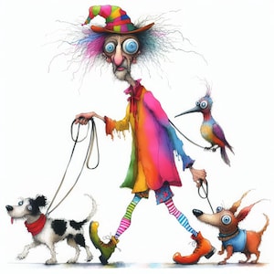 Quirky Dog Walker Art 10 High Res Watercolor JPGs Junk Journaling, Scrapbooking, Card Making, Digital Download Kit, Fantasy, Whimsical