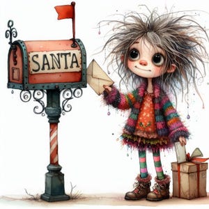 Clip art de una peculiar carta a Papá Noel en 10 archivos JPG de acuarela de alta resolución para diario basura, creación de álbumes de recortes, fabricación de tarjetas, descarga digital, fantasía, caprichoso
