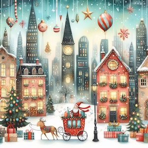 Fantazyjny pakiet świątecznych grafik miejskich 10 wysokiej rozdzielczości akwarelowych plików JPG Dziennik śmieciowy, scrapbooking, tworzenie kartek, pobieranie cyfrowe, fantasy