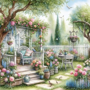 Shabby Chic Summer Garden Clip Art Kit 10 high-res aquarel jpg's voor junkjournaling, scrapbooking, kaarten maken, digitale download
