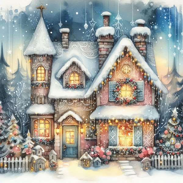 Kersthuis: illustraties, 10 high-res aquarel jpg's, junkjournaling, scrapbooking, kaarten maken, posters, digitale kunst, kerstmis
