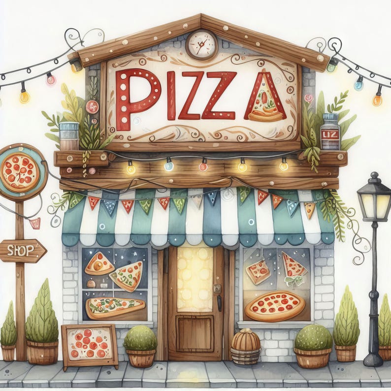 May include: A watercolor illustration of a cartoon pizza shop with a red sign that says "PIZZA" and a green awning. The shop has a window display with various pizzas and a door with a light brown wooden frame. There are small potted plants and a street lamp outside the shop.
