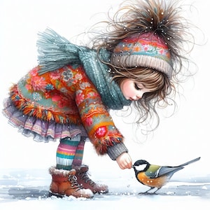 May include: A young girl wearing a colourful sweater, a blue scarf, and a patterned hat, bends down to feed a small bird with black, white, and yellow feathers. The girl is standing in the snow.
