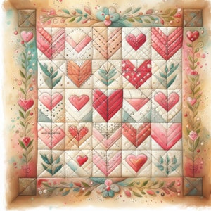 Puede incluir: Un edredón cuadrado con un diseño de patchwork de corazones en varios tonos de rosa y rojo. El edredón está bordeado con motivos florales y de hojas en suaves colores pastel. El diseño general es de estilo acuarela.