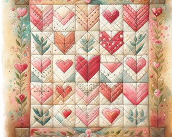 Heart Quilts, Clip Art, 10 High Res Watercolor JPGs, Junk Journaling, Scrapbook, Crafts, Digital Art, Card Making, Whimsical