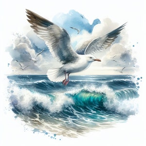 Flying Gull Clip Art 10 High Res Watercolor JPGs for Junk Journaling, Scrapbooking, Card Making, Digital Download Kit