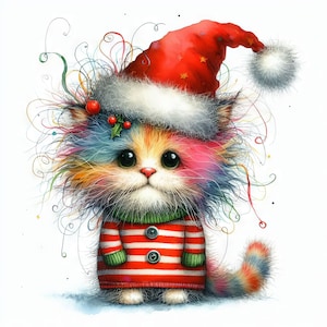 Schrullige Weihnachtskatzenkunst 10 hochauflösende JPGs in Aquarellfarben für Junk Journaling, Scrapbooking, Kartenherstellung, digitaler Download, Fantasie, wunderlich