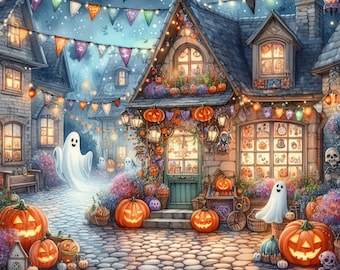 Halloween Village: Clip Art ,10 High Res Watercolor JPEGs, Junk Journaling, Scrapbooking, Card Making, Digital Art, Fantasy