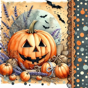 May include: A watercolor painting of a jack-o'-lantern with a carved face, surrounded by smaller pumpkins and fall foliage. The background is a light brown with a watercolor effect.