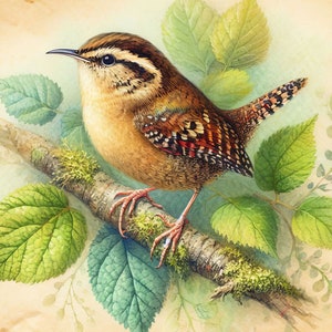 Puede incluir: Un pájaro marrón y blanco con una cola larga posado en una rama con hojas verdes. El pájaro tiene un pico largo y delgado y una cabeza pequeña y redonda. El fondo es de color marrón claro.