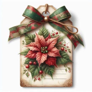 May include: A vintage-style gift tag featuring a poinsettia flower with red petals and green leaves, accented with red berries. A green and red plaid ribbon and a gold bead adorn the top. The tag has a blank space for writing.