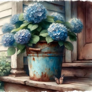 Hydrangeas in Blue Bucket 10 High Res Watercolor JPGs for Junk Journaling, Scrapbooking, Card Making, Digital Download Kit