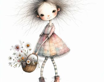 Quirky Girl with Wildflowers: 10 High Res Watercolor JPGs, Junk Journaling, Scrapbooking, Card Making, Digital Art, Fantasy, Whimsical