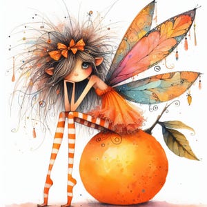 Fée orange décalée 10 haute résolution aquarelle JPGs Journalisation indésirable, fabrication de cartes, téléchargement numérique, fantaisiste, fantastique, art numérique