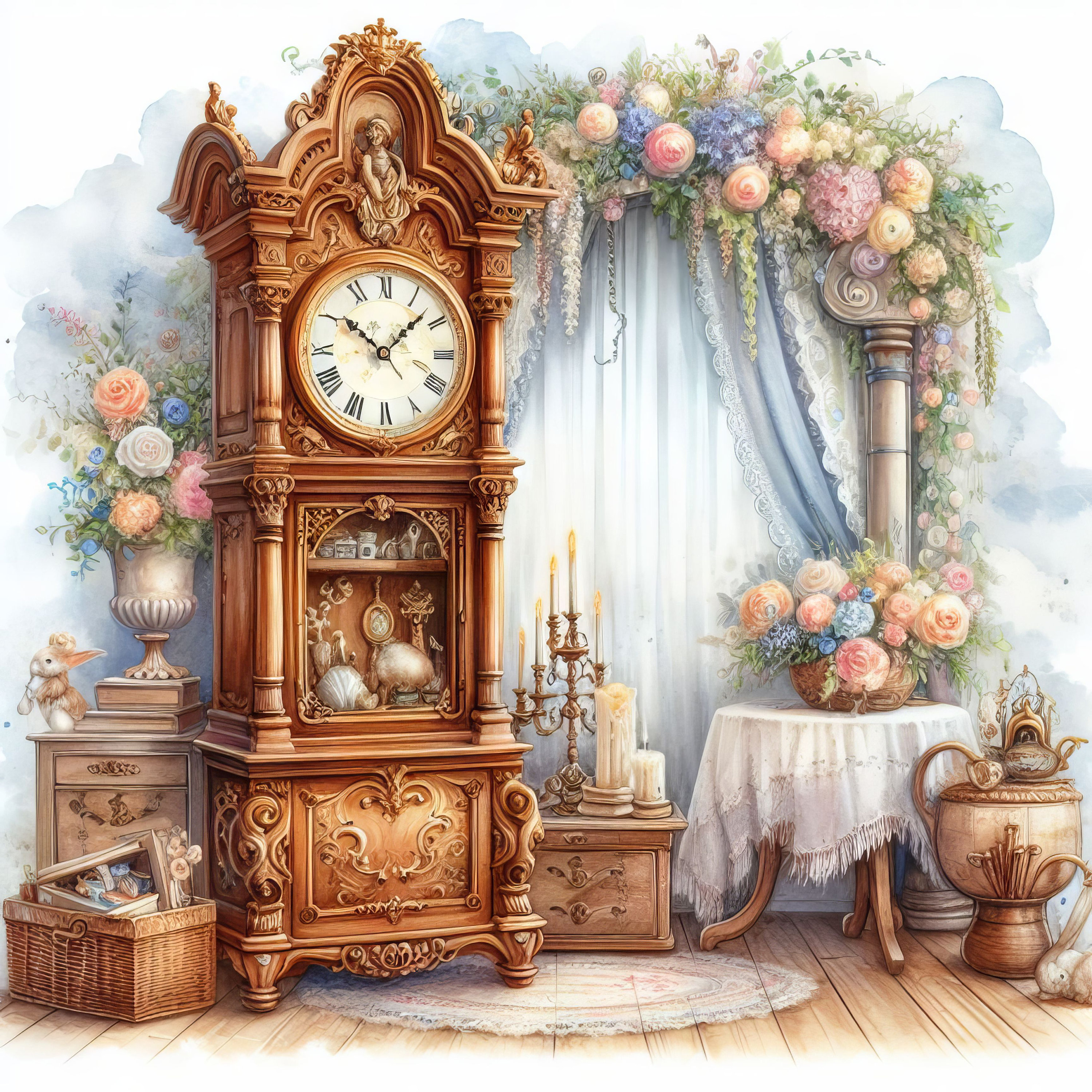 時計屋 レトロ クロック アンティーク ポスター 絵画 Victorian Grandfather Clock: Clip Art, 10 High Res Watercolor Jpgs