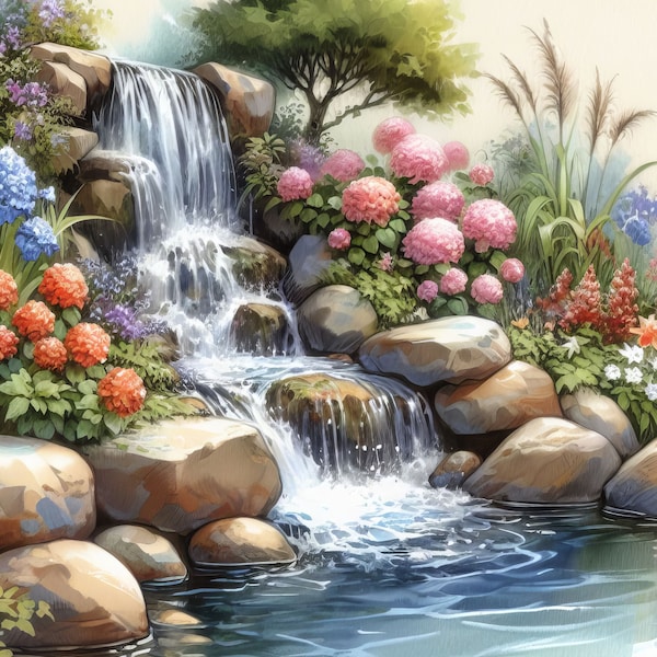 Garden Waterfall Clip Art Bundle 10 High Res Watercolor JPGs for Junk Journaling, Scrapbook, Crafts, Digital Art